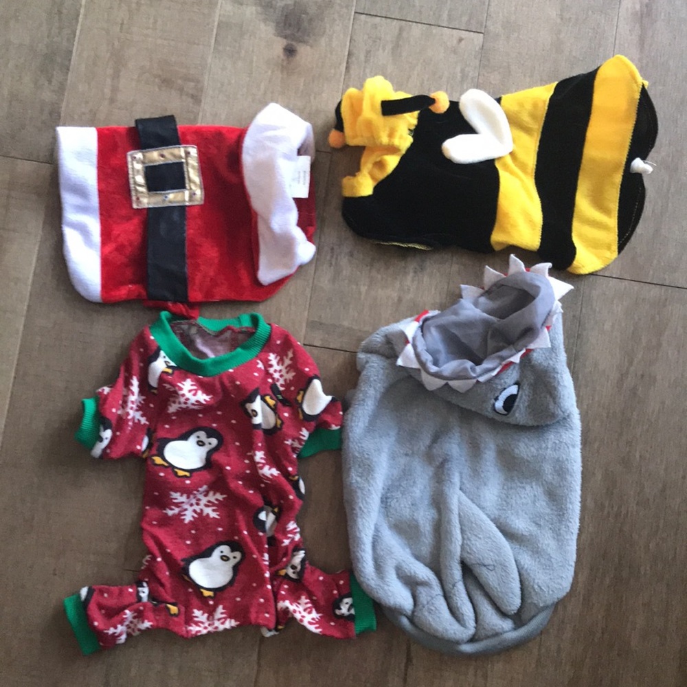 Dog Costume Set (4)- shark furry hoodie, bumble bee, Santa Claus and penguin PJ.